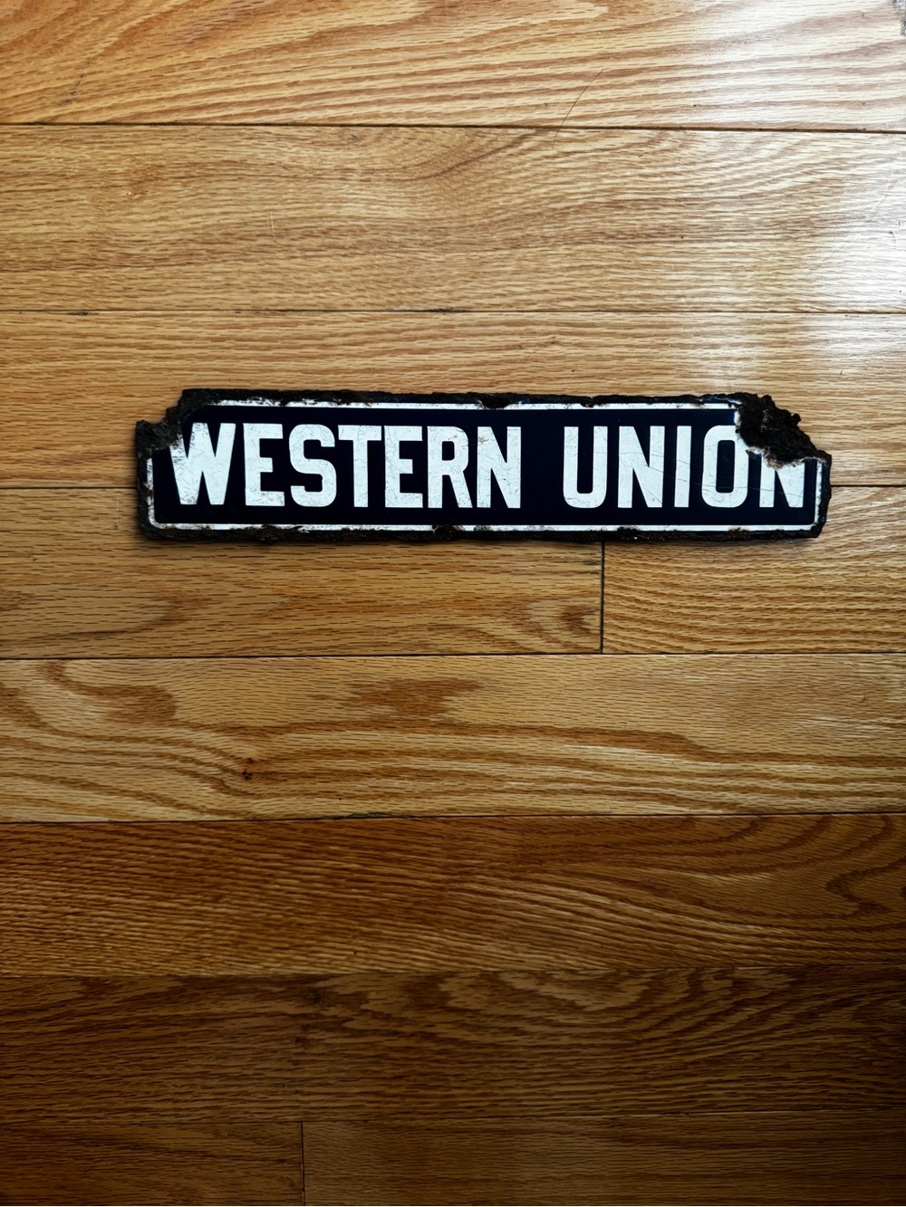 Authentic Vintage Western Union Steel Sign Antique RARE Navy Color